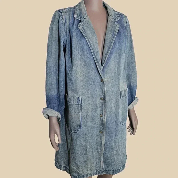 Vintage 00s Medium Wash Denim Blue Jean Long Coat Size Small Fall Winter Jacket - Picture 2 of 4